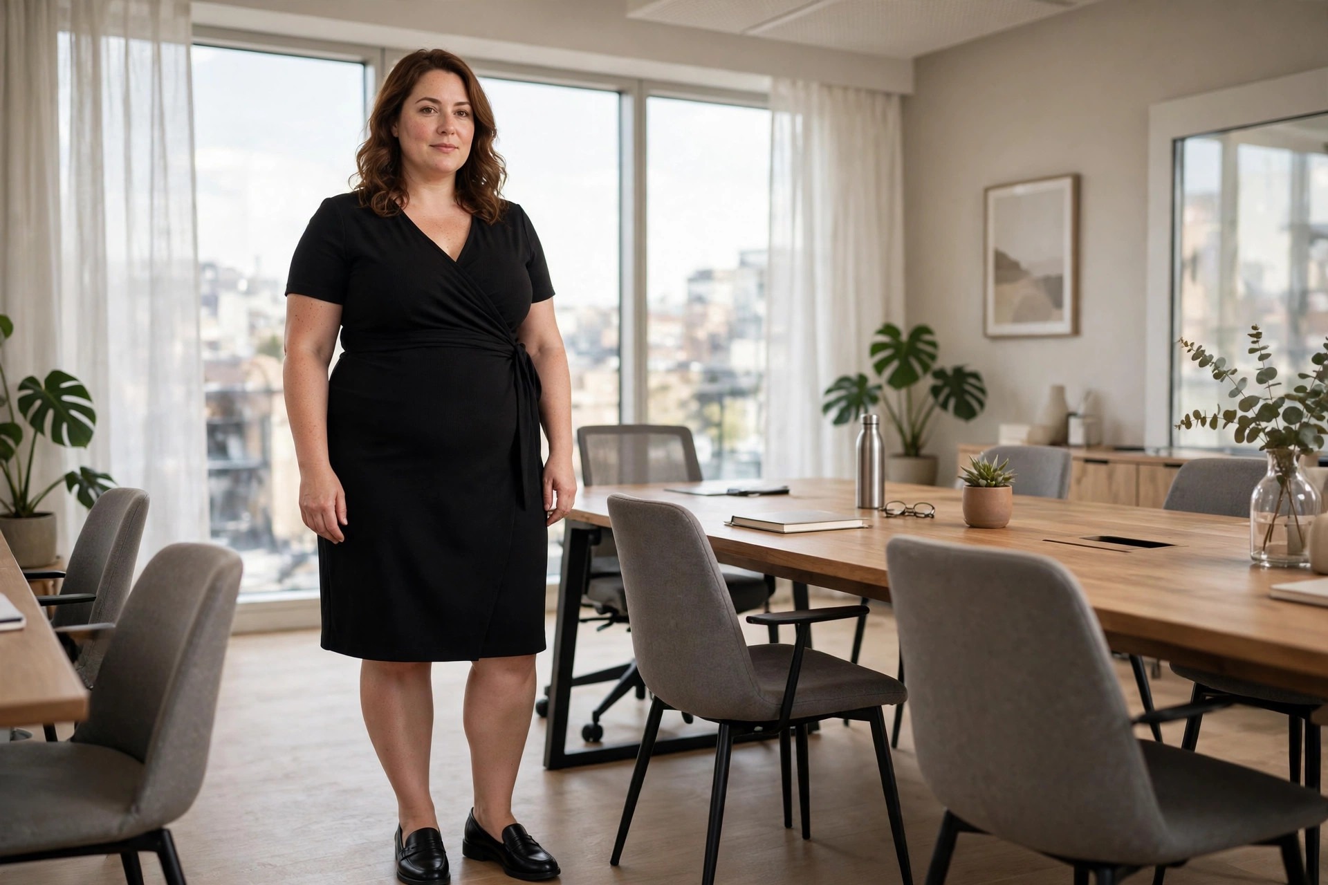 Woman with a fuller midsection in a black faux-wrap shift dress with black loafers in a meeting room