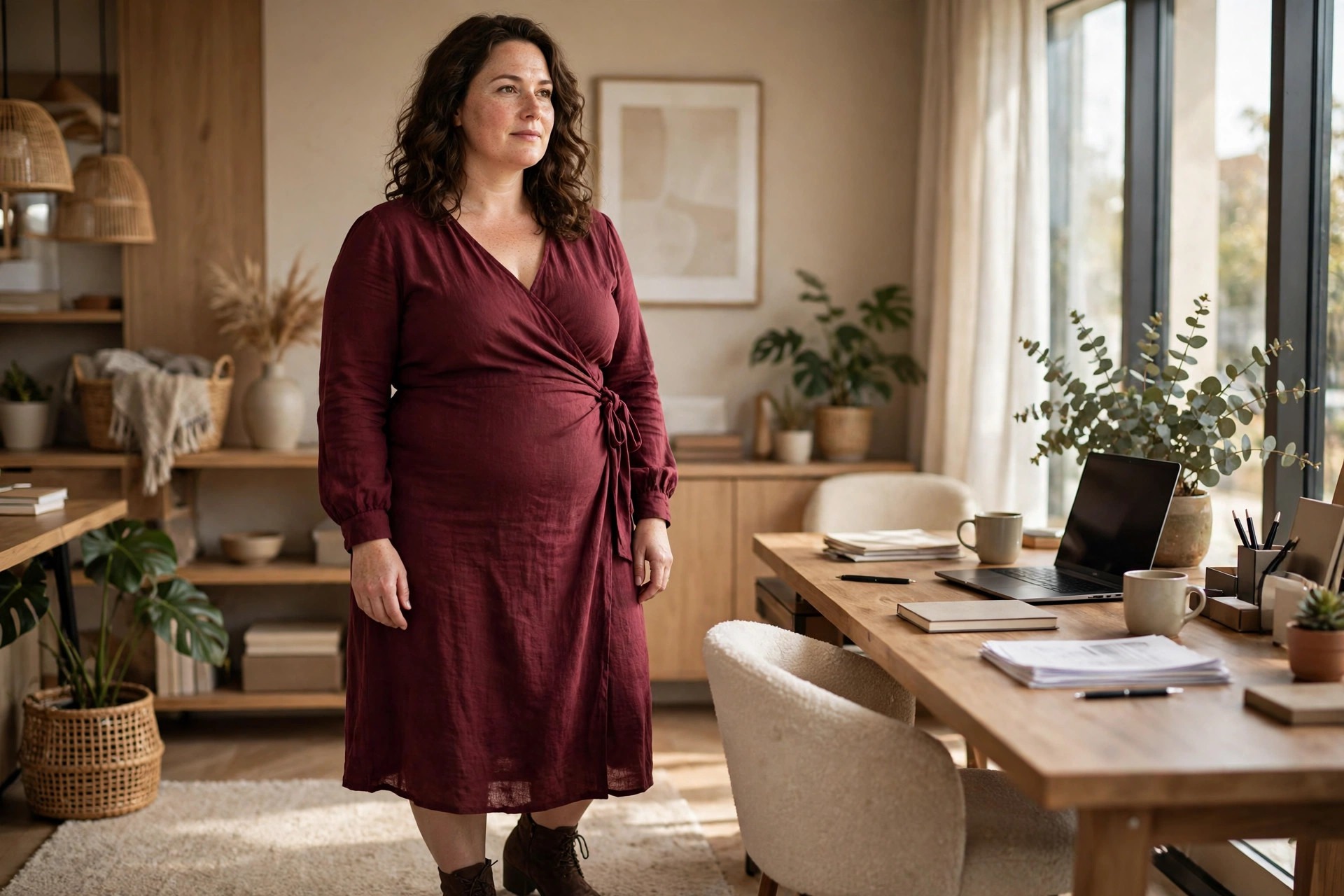 Woman with a fuller midsection in a burgundy long-sleeve wrap dress tied at the side with brown ankle boots