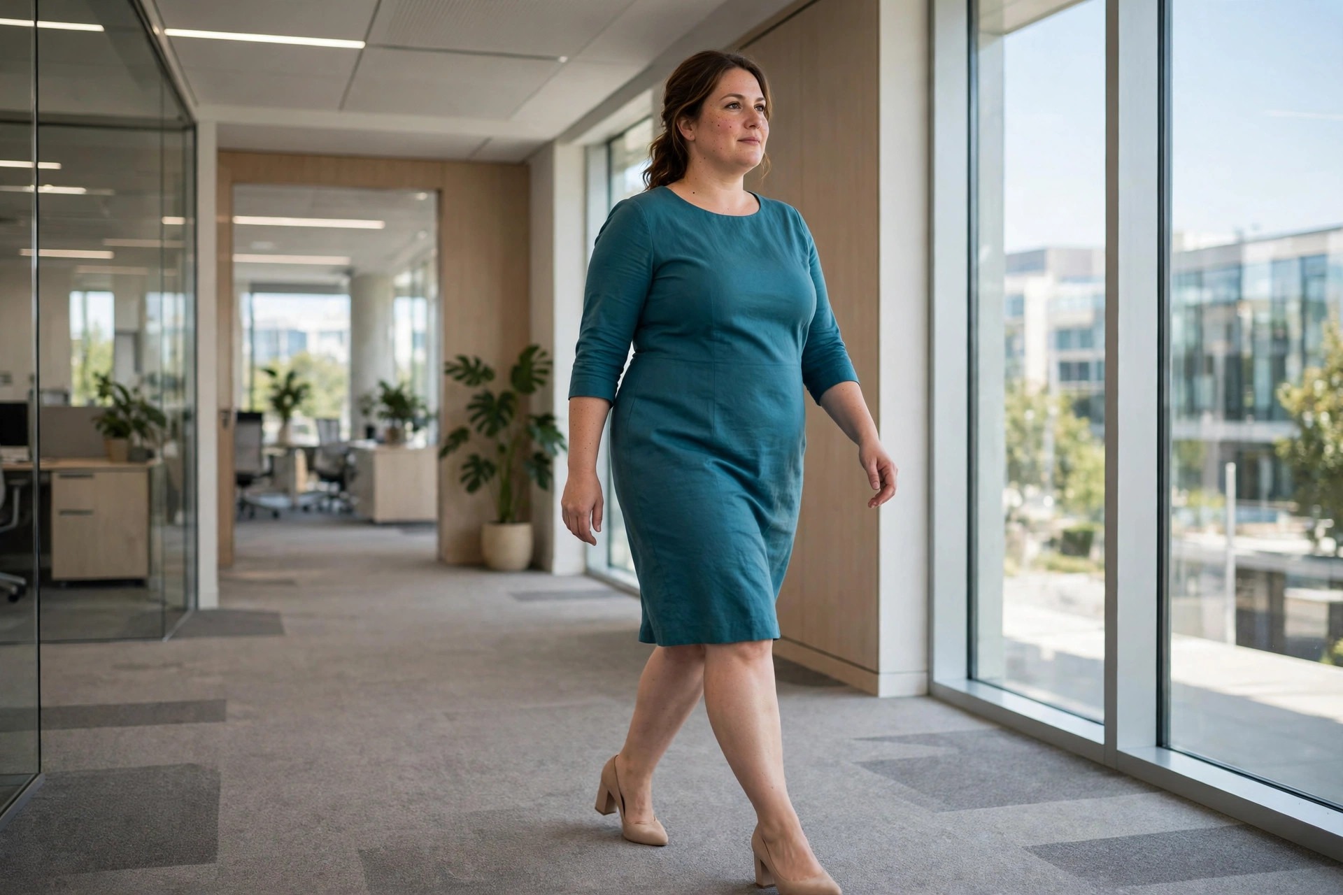 Woman with a fuller midsection in a teal shift dress with elbow sleeves and nude block heels in an office corridor