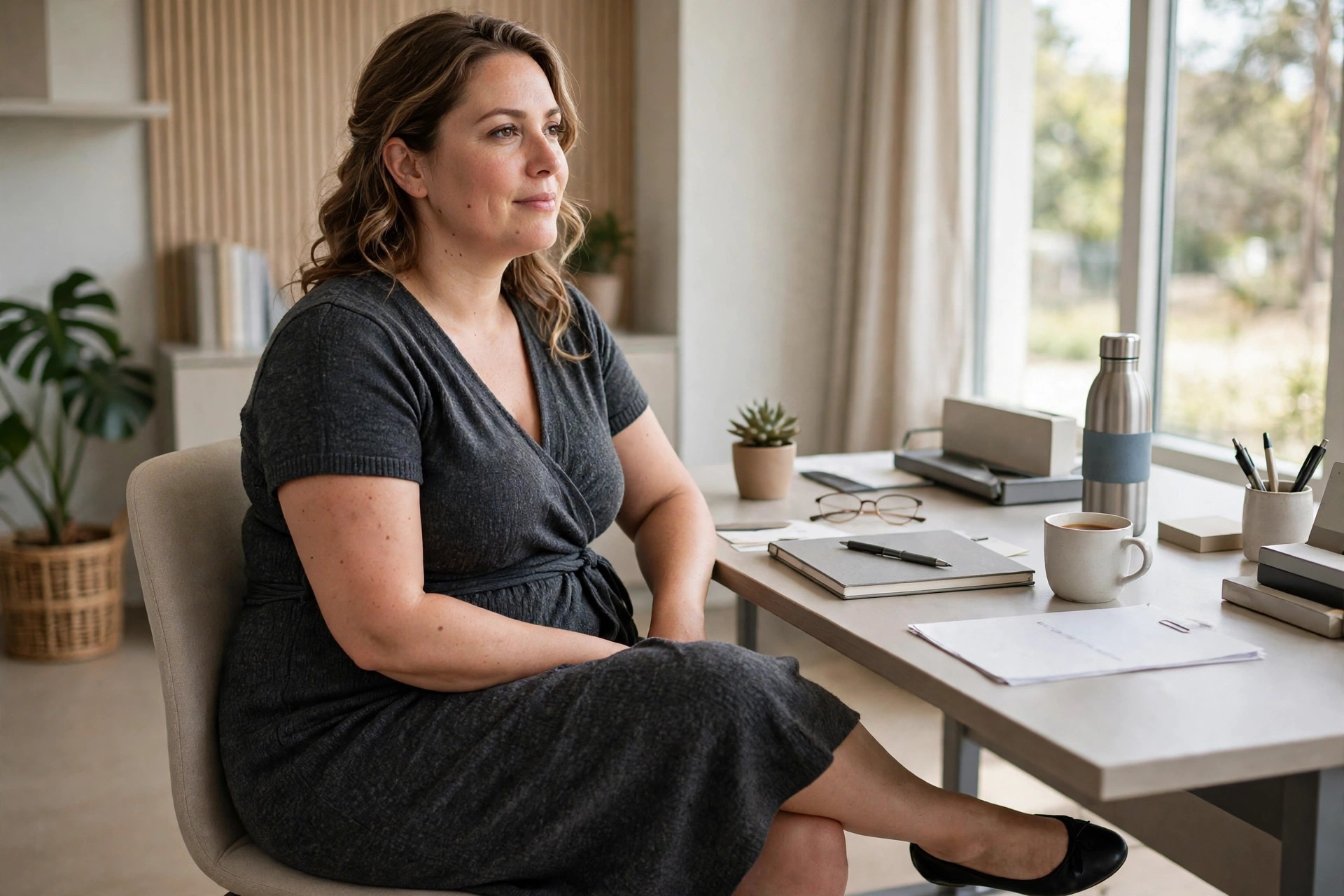 Woman with a fuller midsection in a charcoal ponte wrap dress seated at a tidy office desk