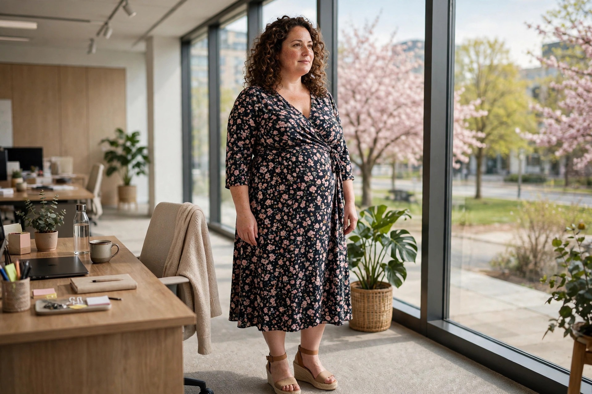 Woman with a fuller midsection in a small-floral wrap midi dress on a dark base with tan wedges by spring office windows