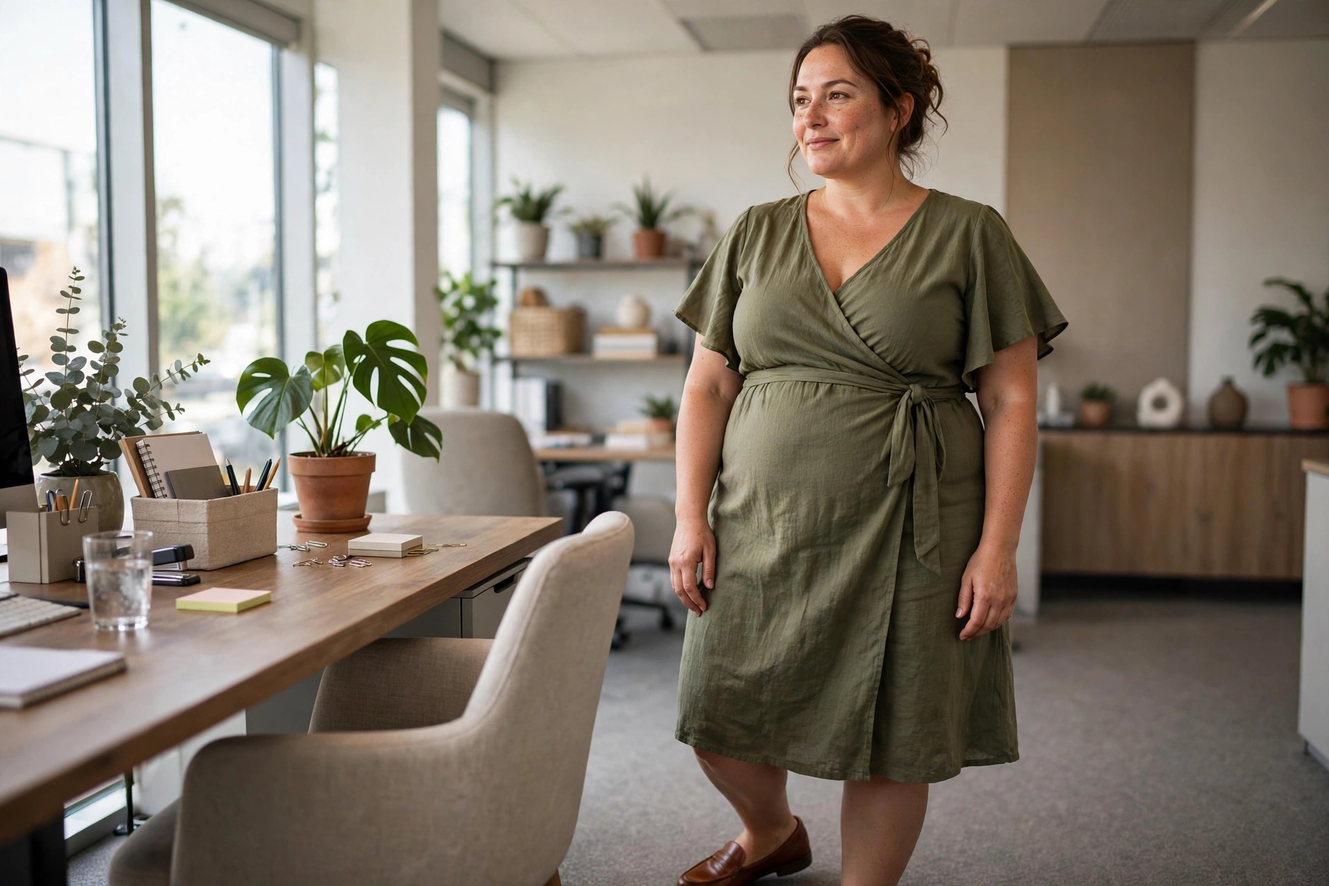 Woman with a fuller midsection in an olive wrap dress with flutter sleeves and brown loafers