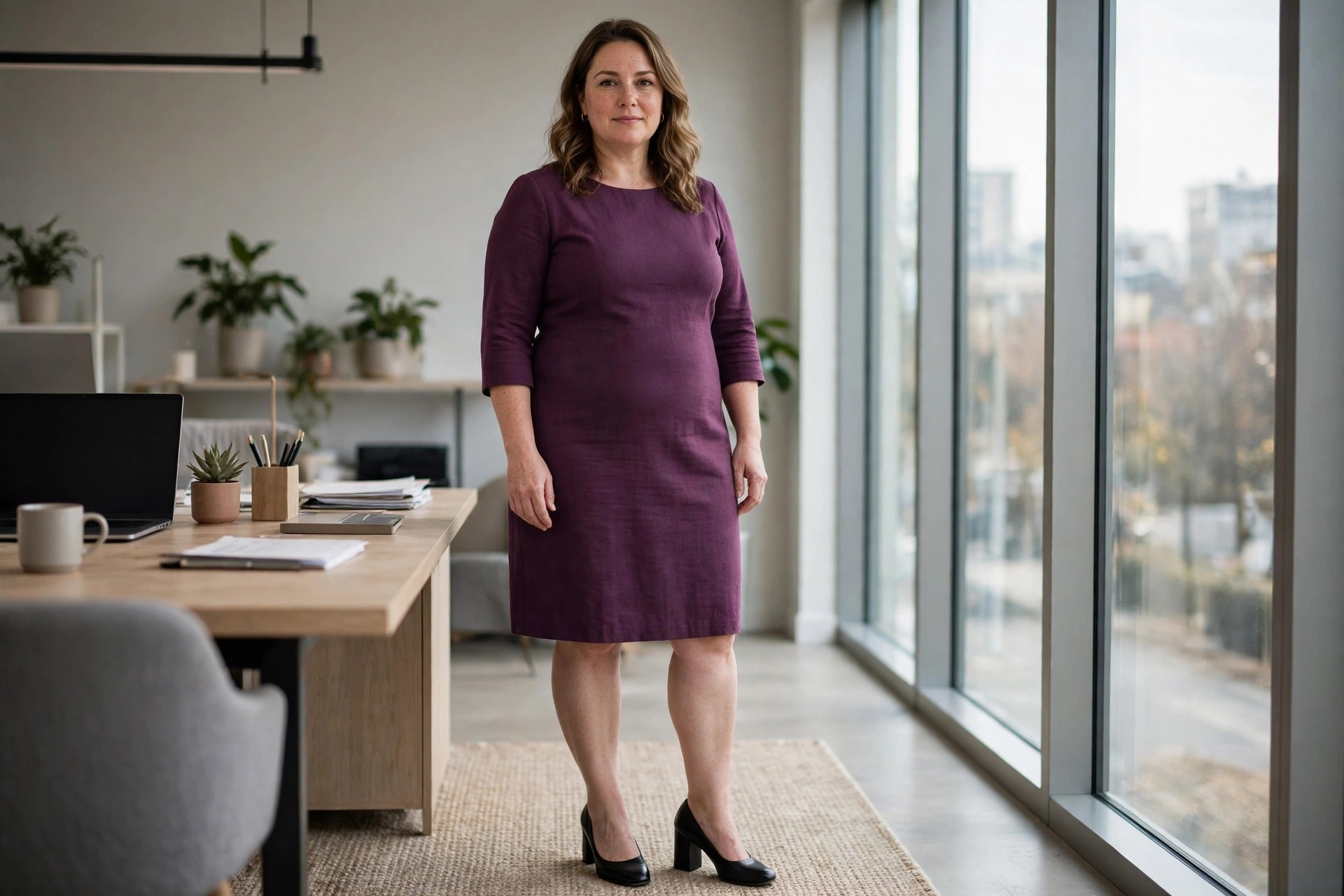 Woman with a fuller midsection in a plum shift dress with three-quarter sleeves and black block heels