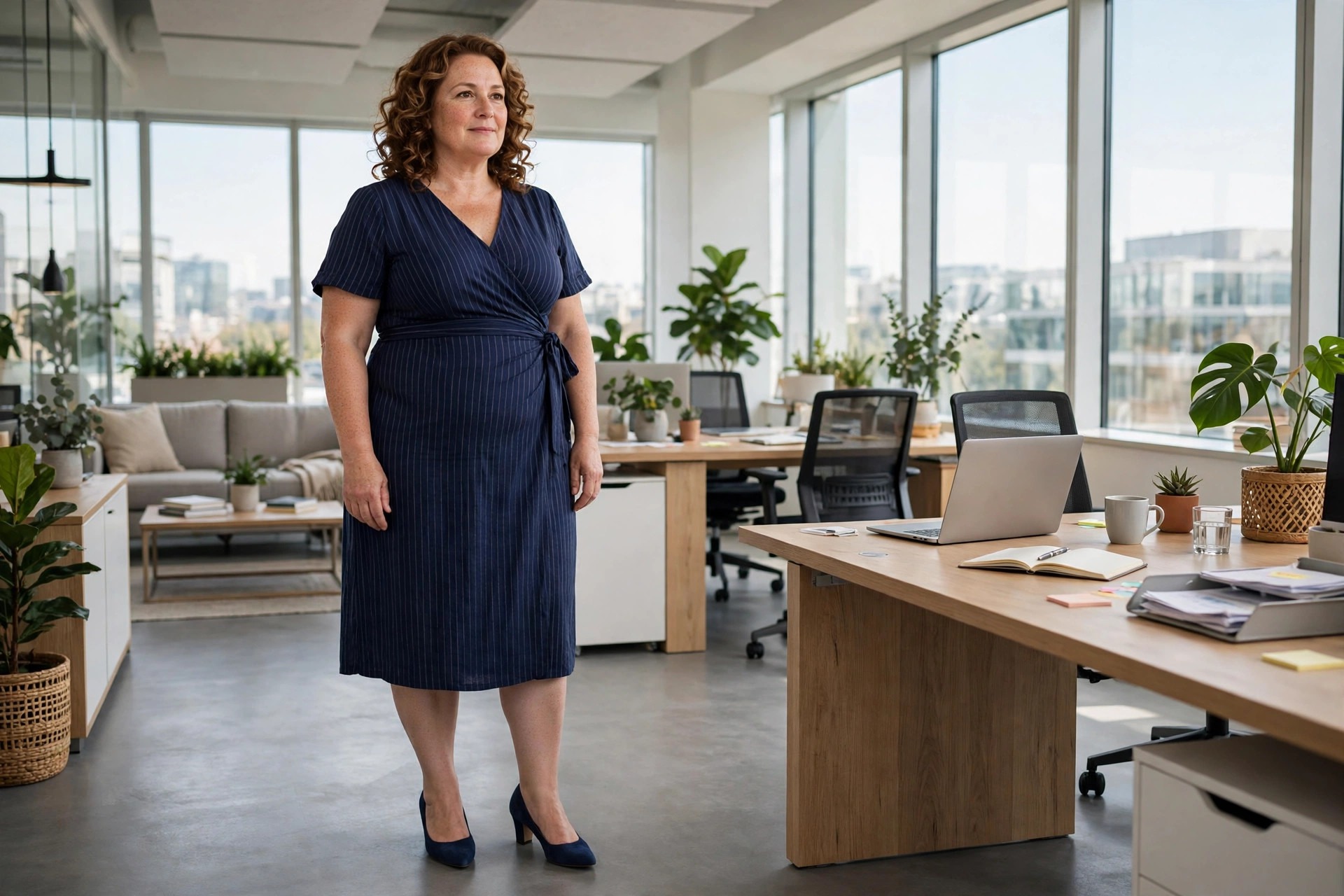 Woman with a fuller midsection in a navy wrap dress with thin vertical stripes and a V neckline with navy pumps