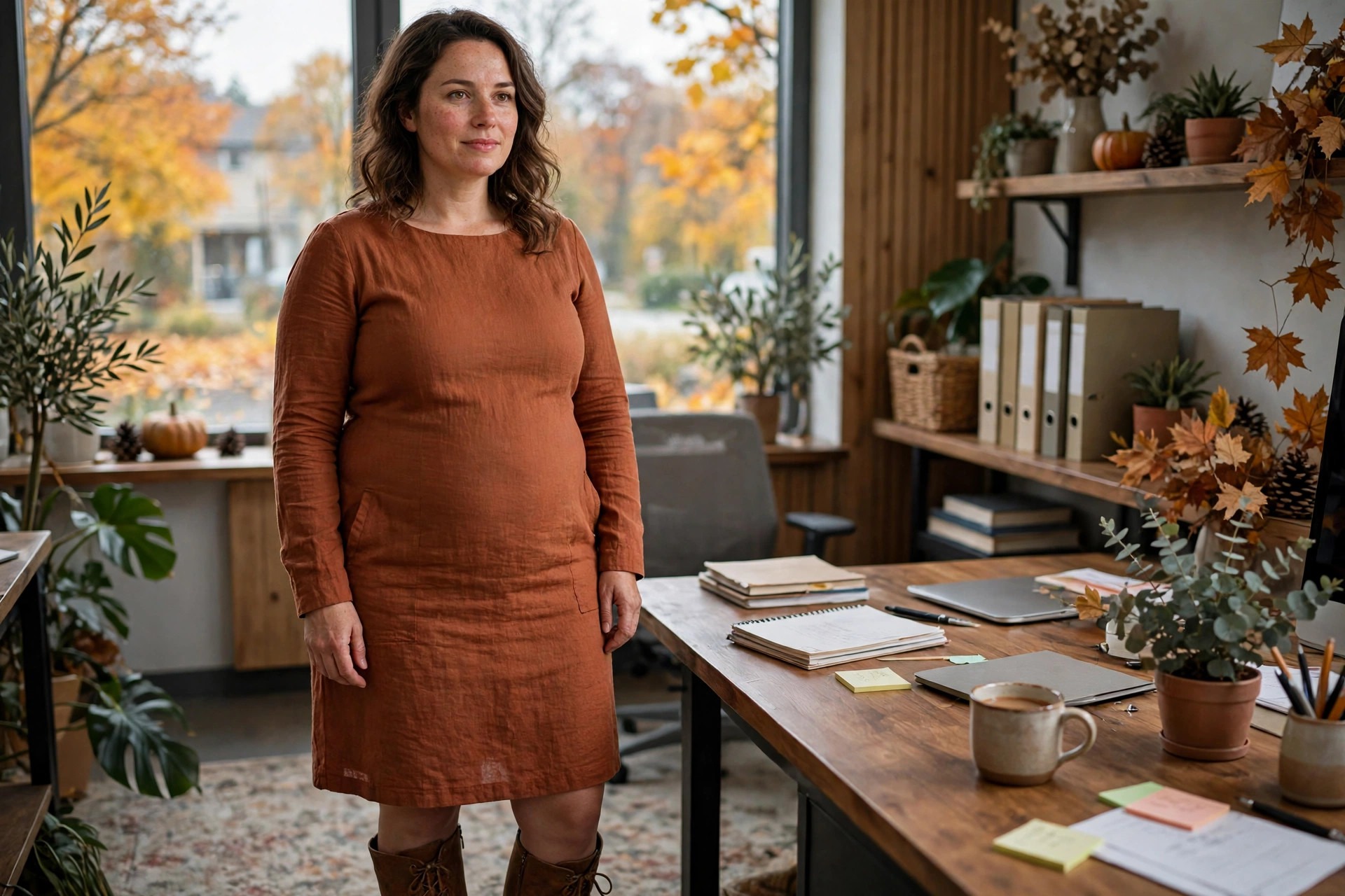 Woman with a fuller midsection in a rust long-sleeve shift dress with side pockets and brown ankle boots in an autumn office