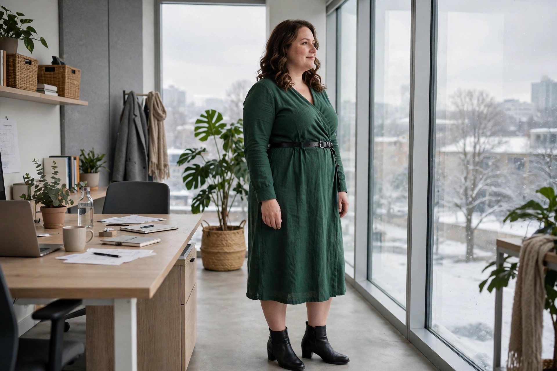 Woman with a fuller midsection in a forest green wrap dress with a slim belt and low heeled boots in winter office light