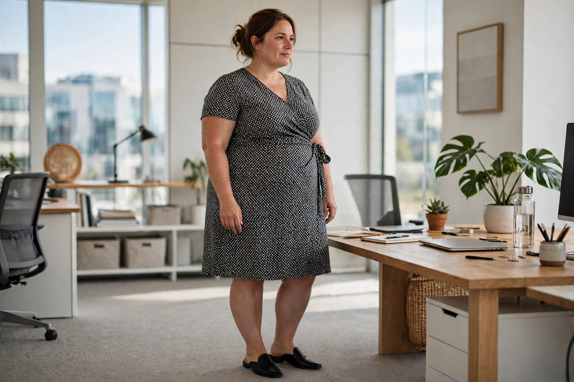 Woman with a fuller midsection in a black and white small geometric print wrap dress with black mules