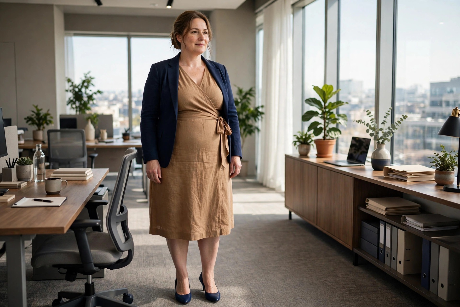 Woman with a fuller midsection in a camel wrap dress with a navy blazer worn open and navy pumps