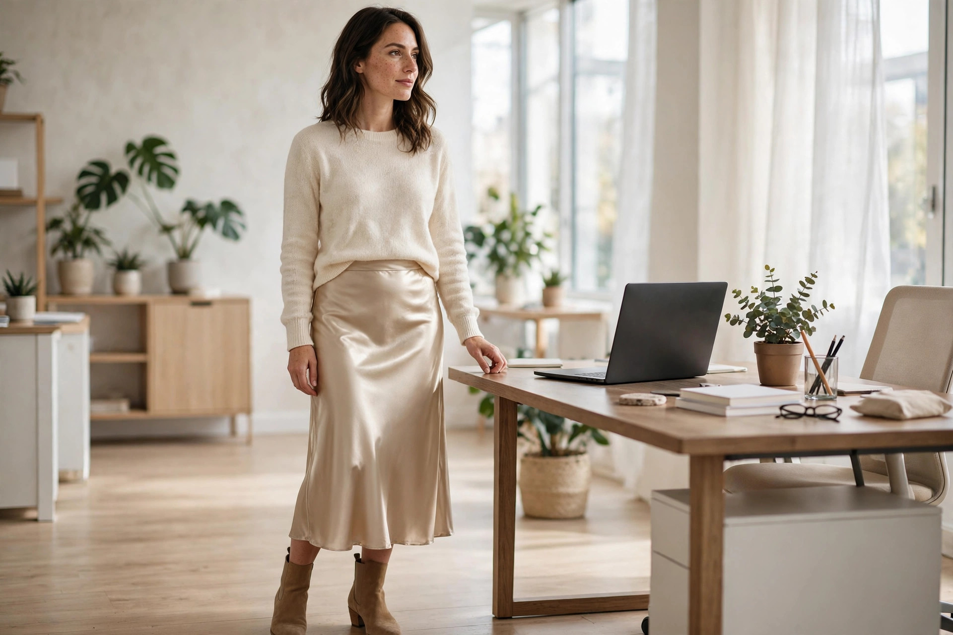 Woman in a champagne satin midi skirt and cream sweater