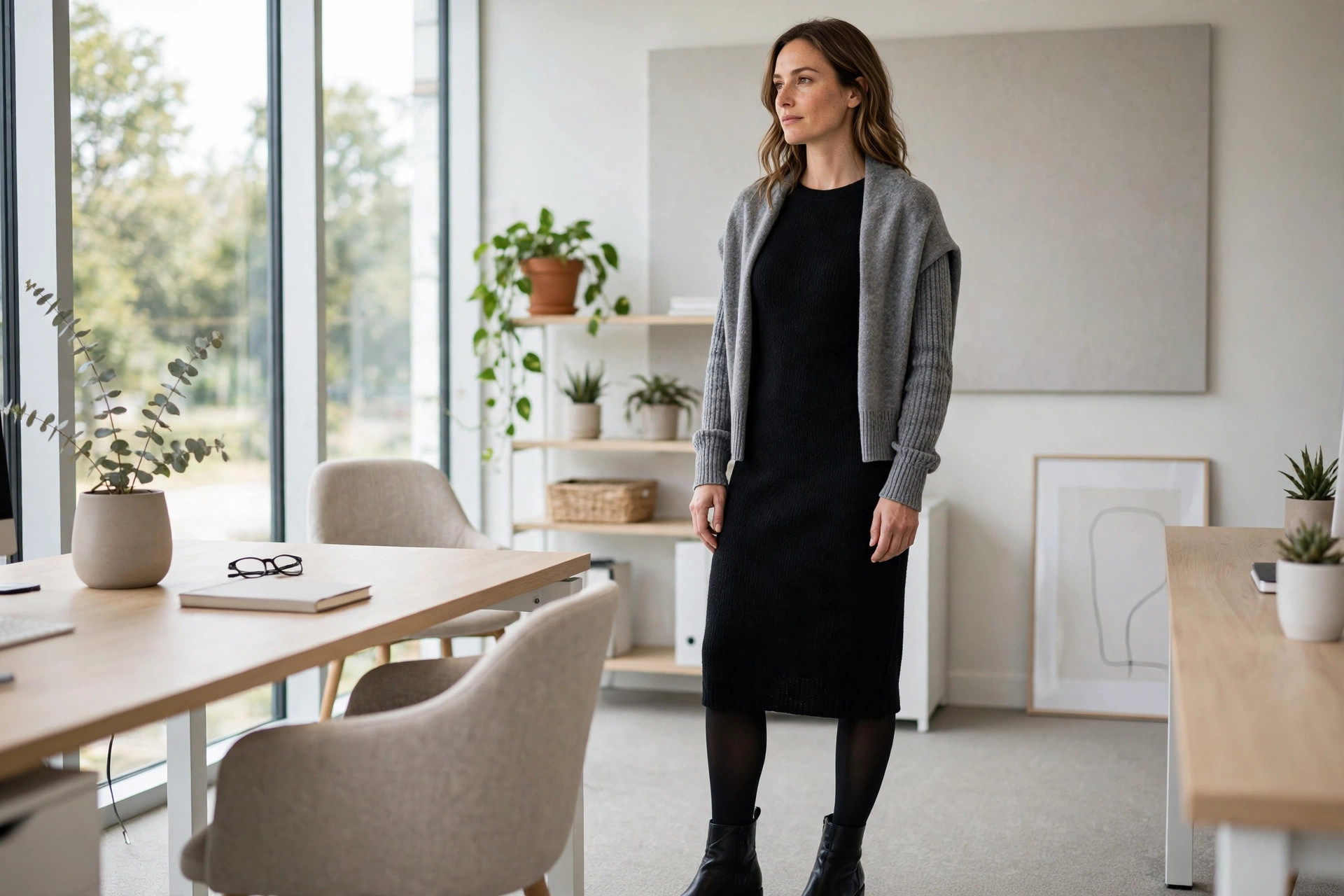 Woman in a black knit midi dress with a gray cardigan