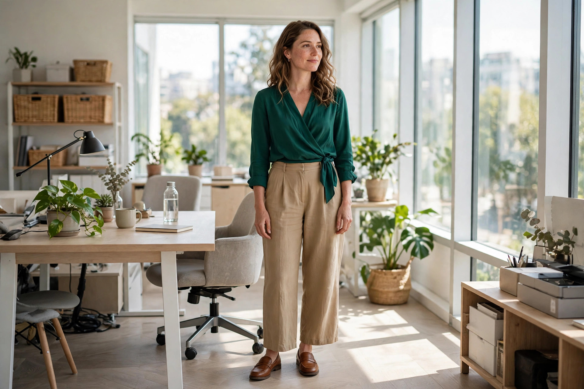 Woman in an emerald wrap blouse and tan wide-leg trousers