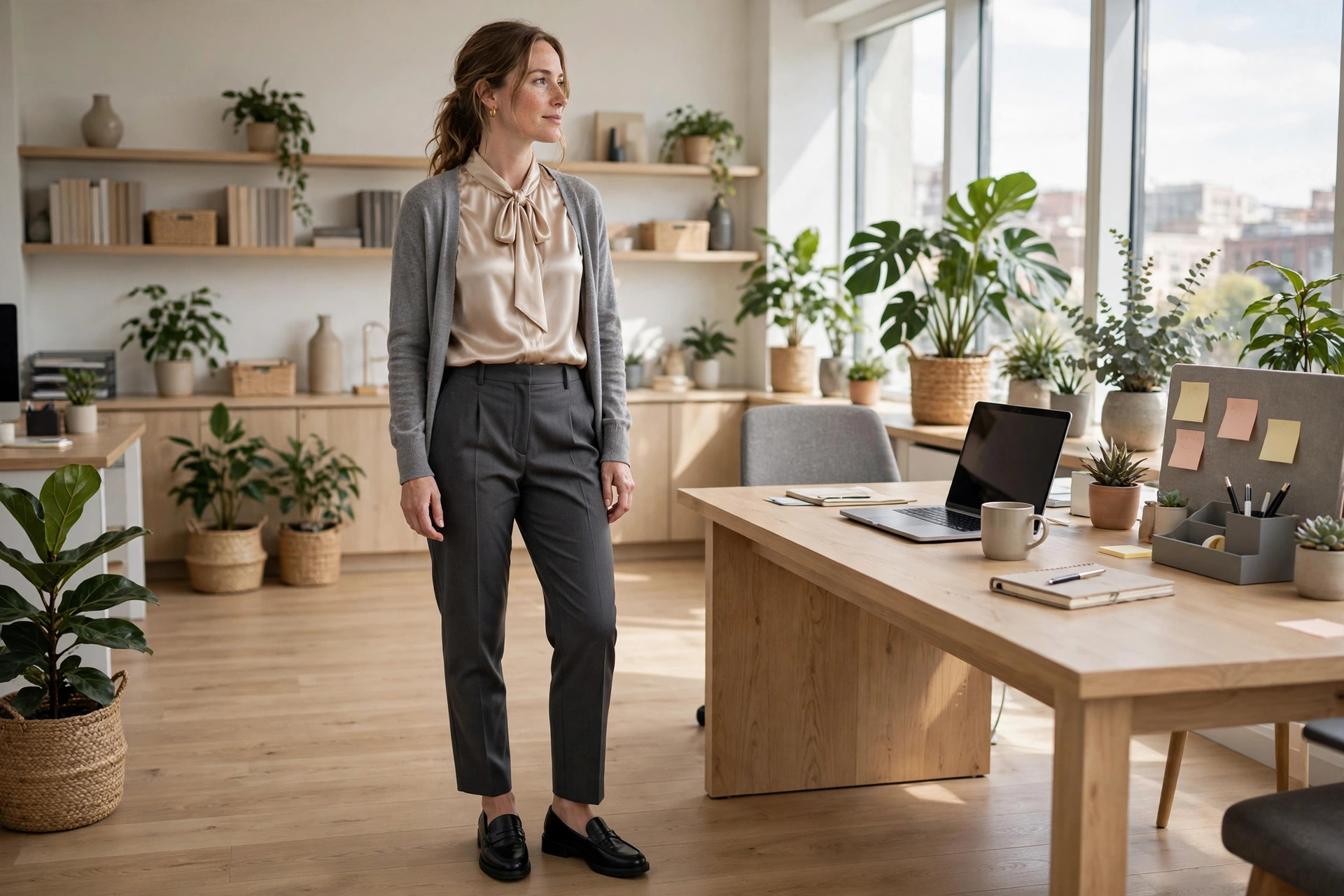 Woman in charcoal trousers and a champagne tie-neck blouse with a gray cardigan