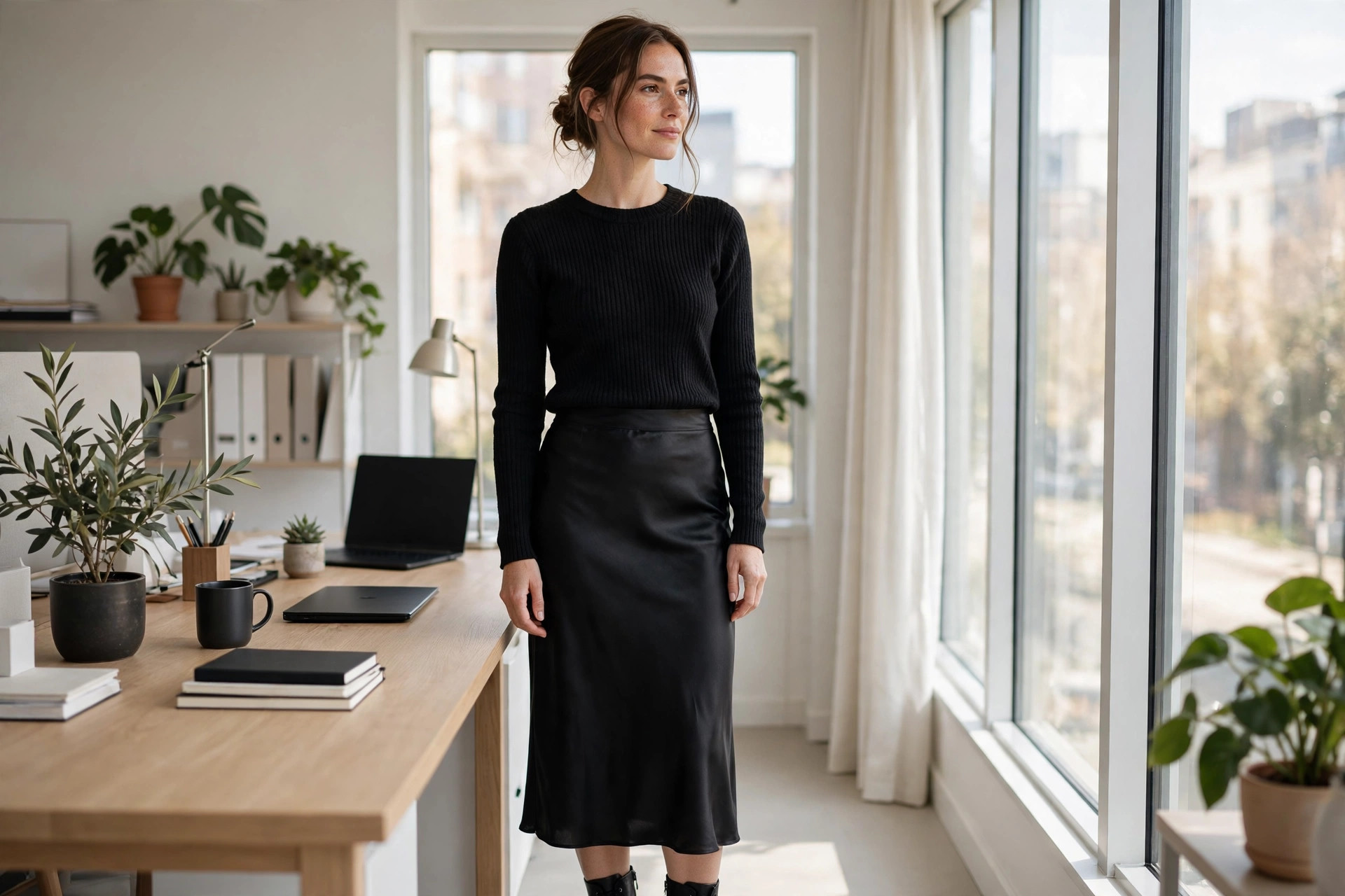 Woman in a black ribbed sweater and black satin midi skirt