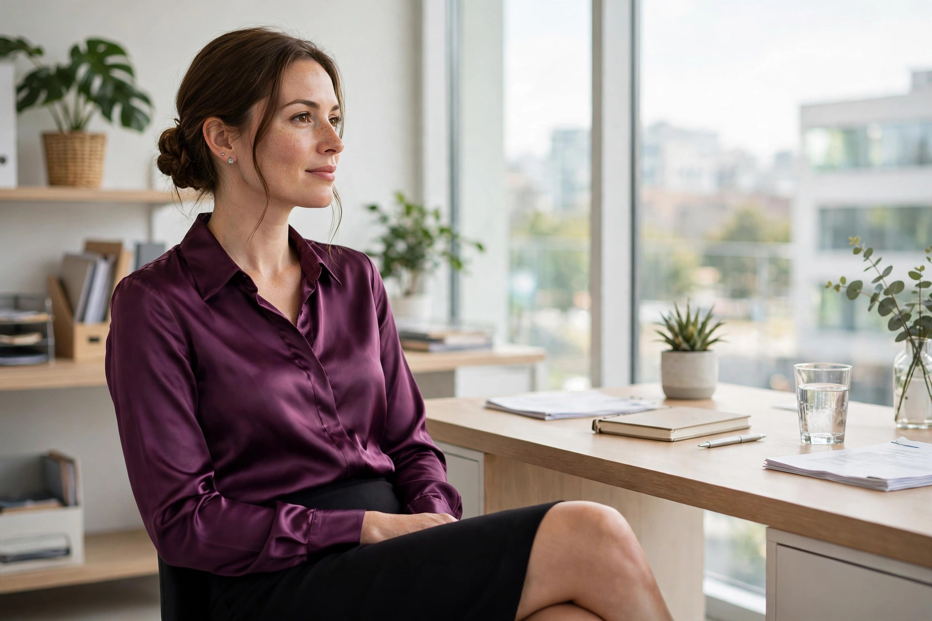 Woman seated at a desk in a plum satin blouse and black pencil skirt