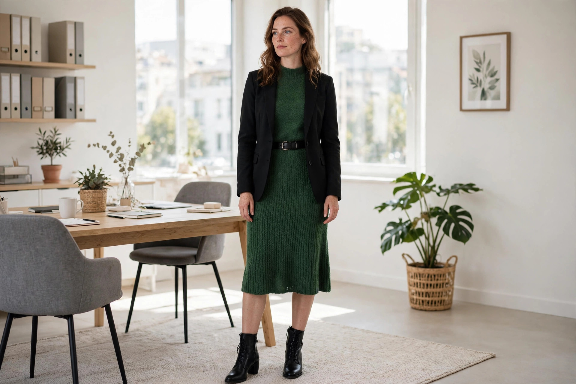 Woman in a forest green knit dress with a black blazer and belt