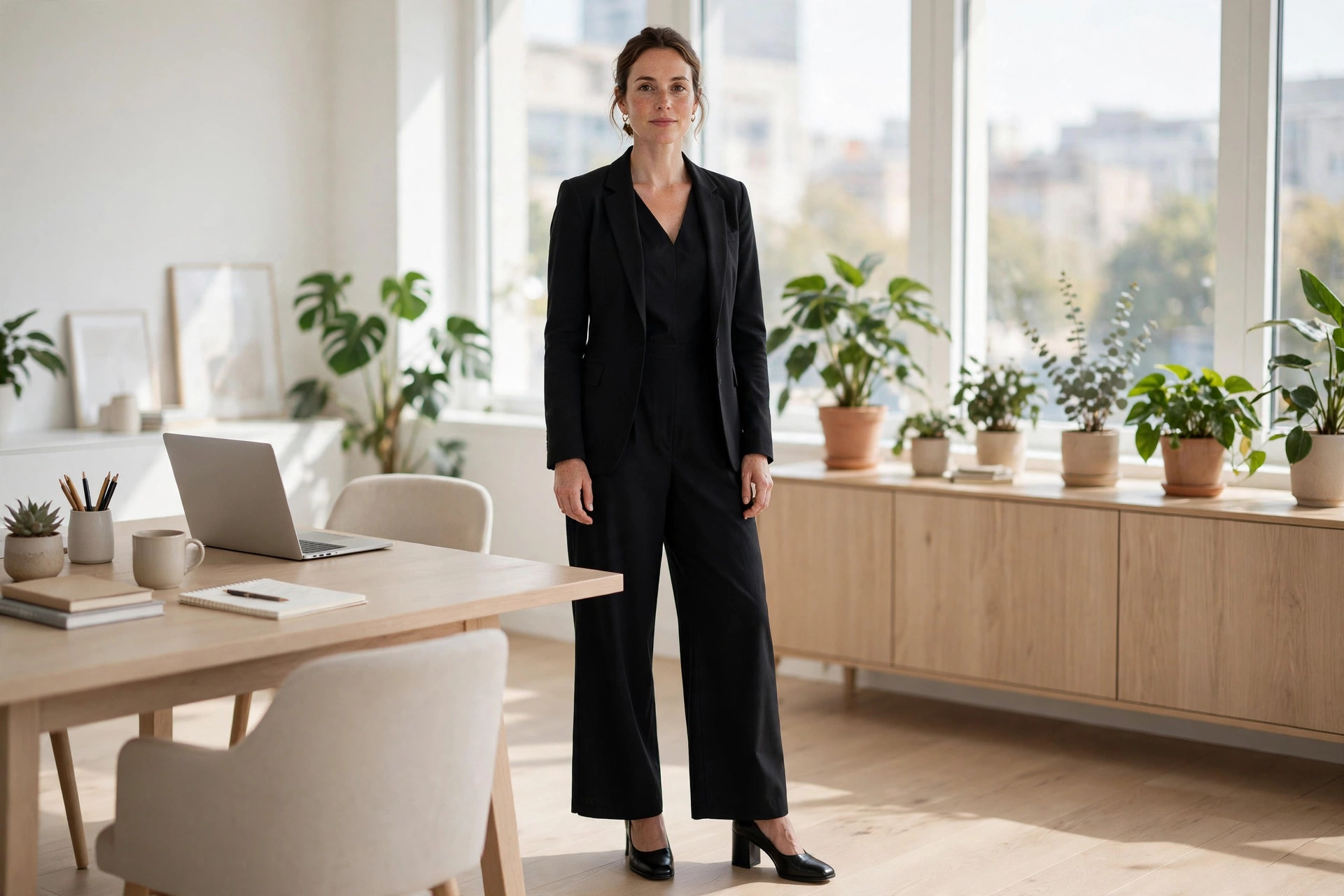 Woman in a black wide-leg jumpsuit with a tailored blazer and block heels