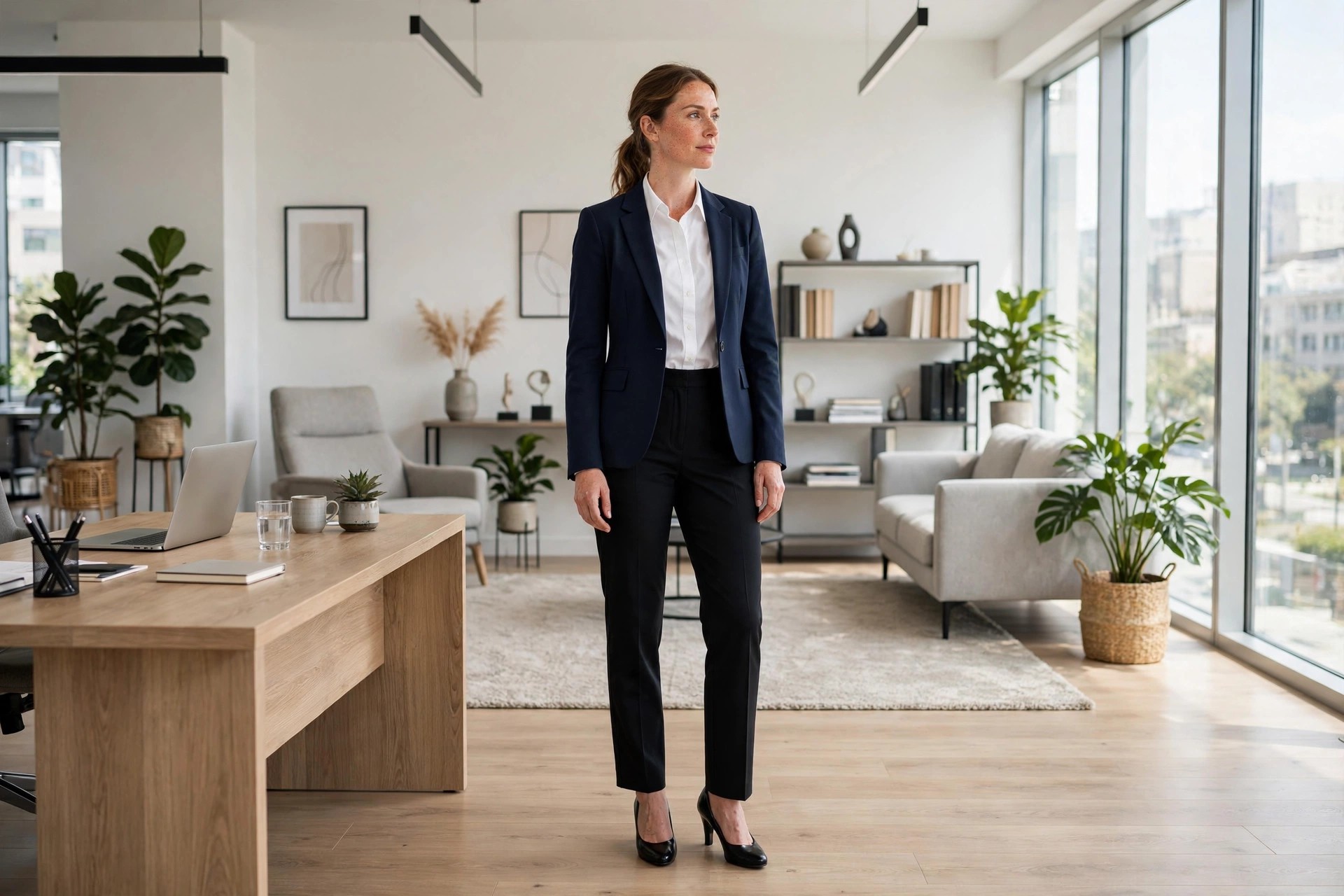 Woman in a white button down shirt, black straight leg trousers and a navy blazer with black pumps in a bright office
