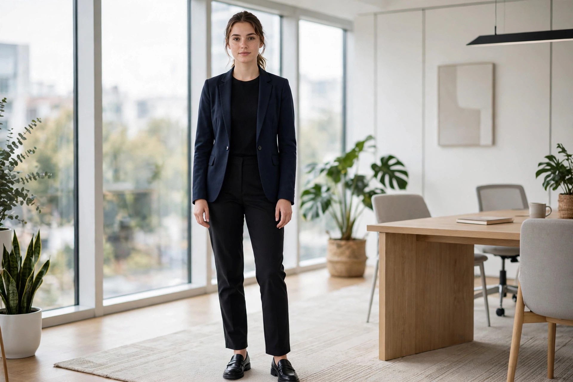 Woman in a black knit crew top, black trousers and a navy blazer with black loafers by a meeting table