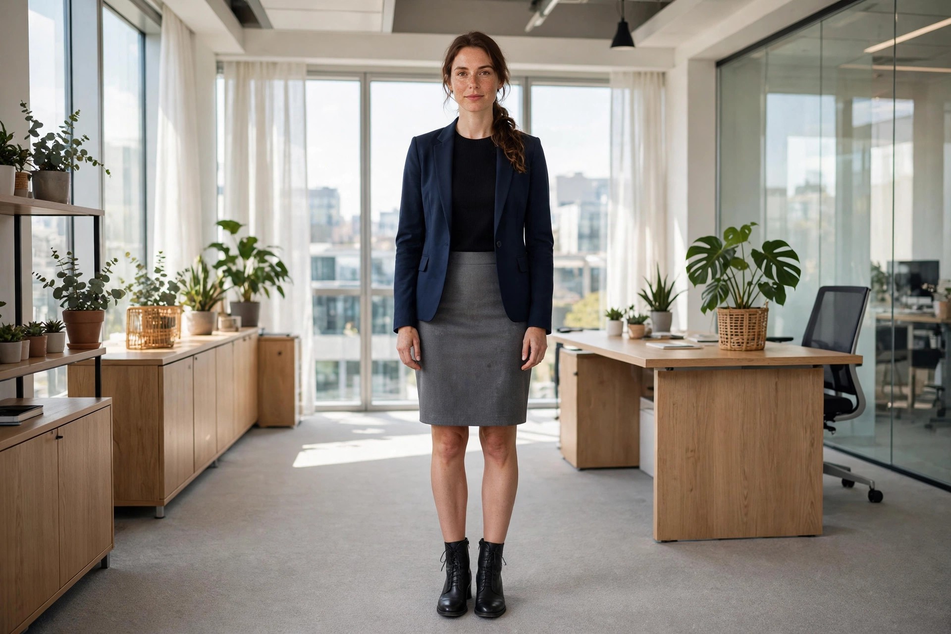 Woman in a black knit top and gray pencil skirt with a navy blazer and black ankle boots in a bright office