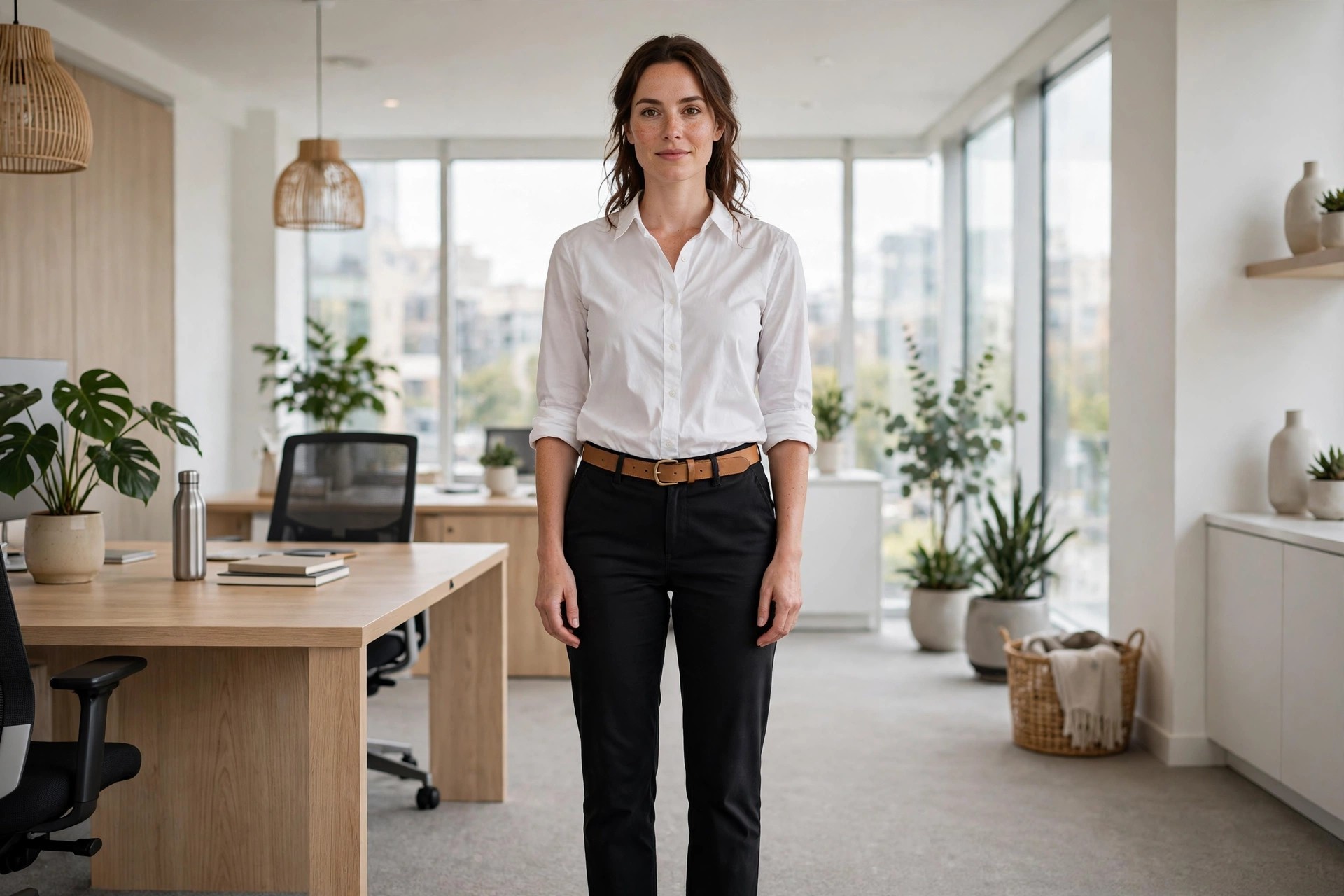 Woman in a white shirt with rolled sleeves and black trousers with a tan belt in a bright office