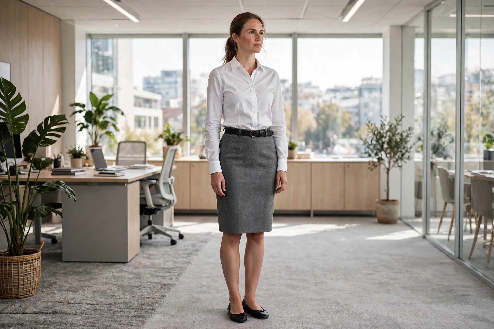 Woman in a white shirt and gray pencil skirt with a black belt and black ballet flats in a bright office