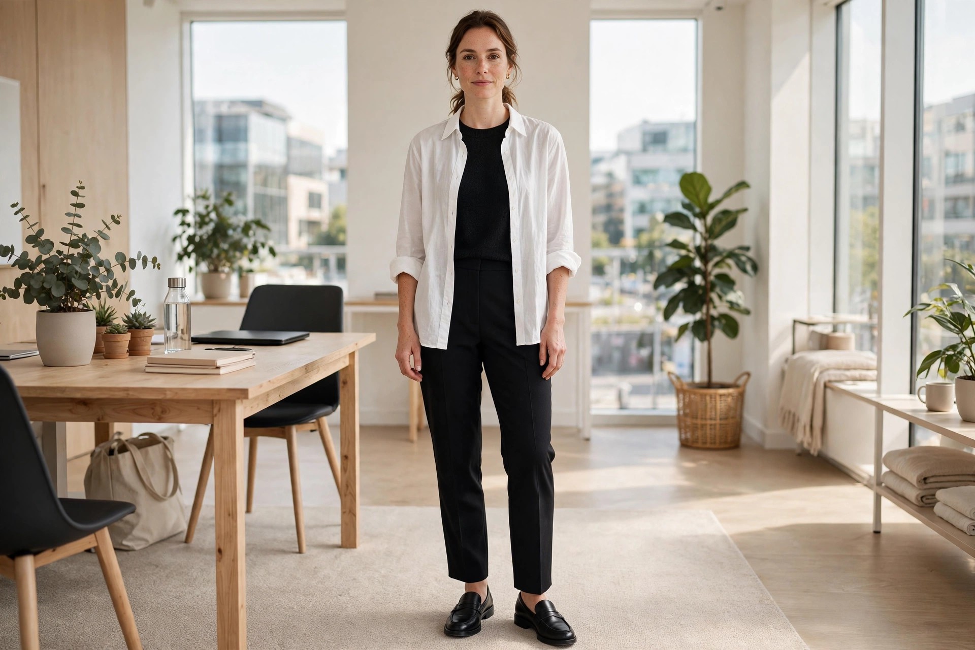 Woman in a white shirt worn open over a black knit top with black trousers and loafers in a bright office