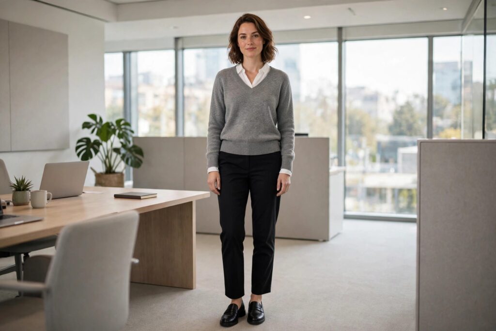 Woman wearing black trousers, a white collared shirt under a gray V-neck sweater and black loafers in an office