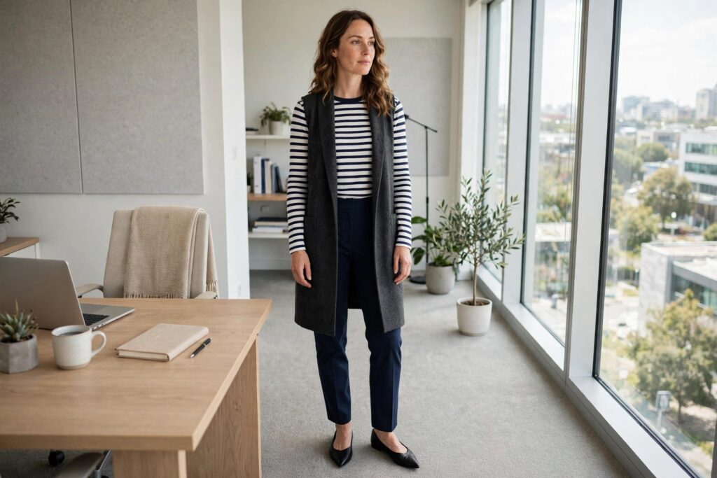 Woman wearing navy trousers, a navy and white striped top, a long charcoal vest and black pointed flats in an office