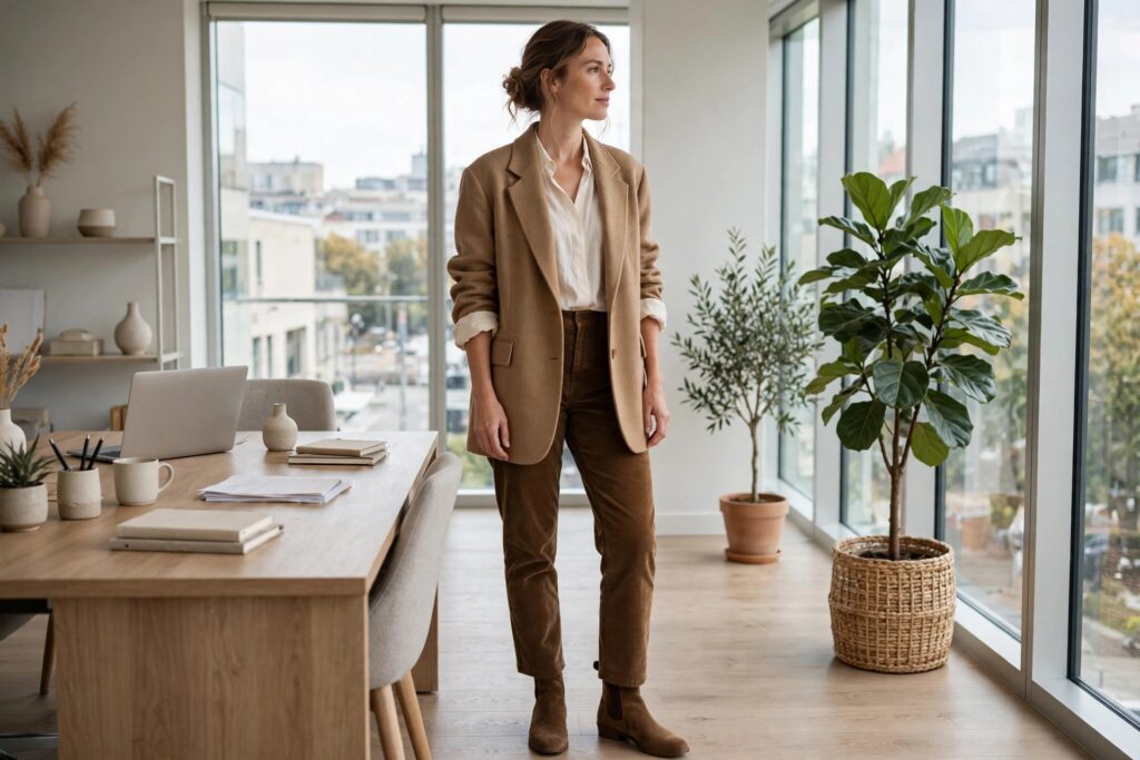 Woman wearing brown corduroy trousers, an ivory blouse, a camel oversized blazer and brown ankle boots in an office