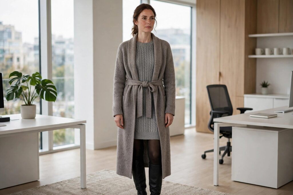 Woman wearing a gray knit sweater dress, a long belted wool cardigan coat, black tights and black knee boots in an office