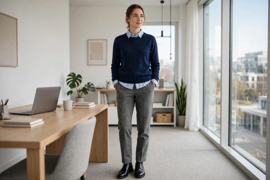 Woman wearing gray tweed trousers, a pale blue shirt collar under a navy crew sweater and black brogues in an office