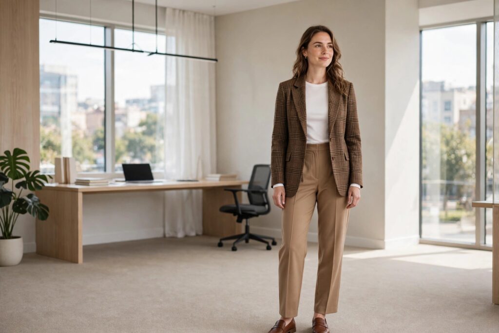 Woman wearing camel trousers, a white fitted top, a brown plaid blazer and brown loafers in an office