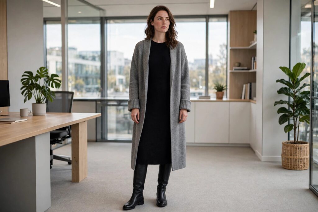 Woman wearing a black knit midi dress, a long gray sweater coat and tall black boots in an office
