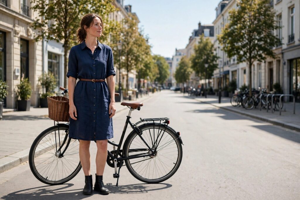 Woman beside a bicycle wearing a navy belted shirt dress and black flat ankle boots