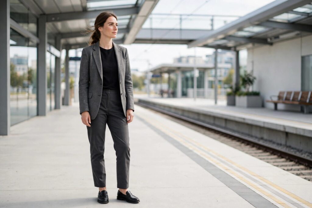Woman on a train platform wearing charcoal trousers, a black knit top, a gray blazer and black loafers