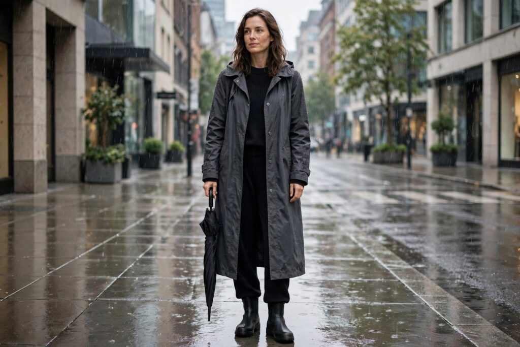 Woman on a rainy city street wearing black knit trousers and top, a long gray waterproof coat and black waterproof boots