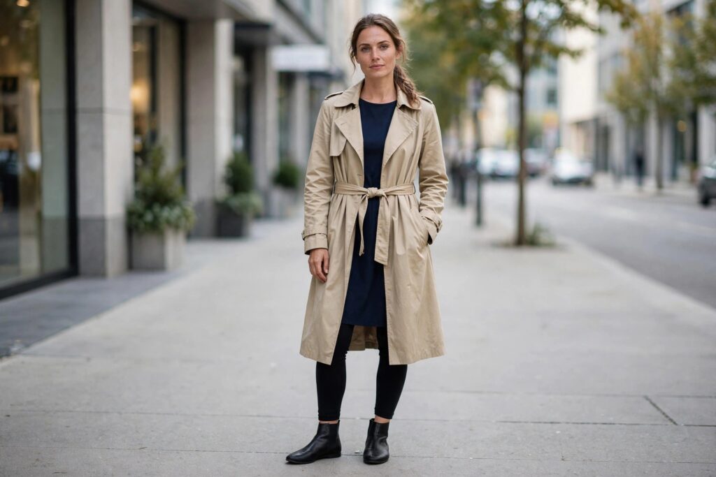 Woman on a city sidewalk wearing a navy dress over black leggings, a trench coat and black flat boots
