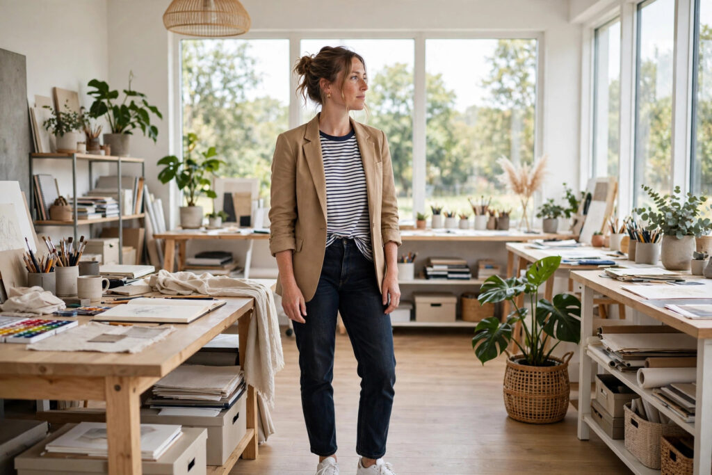 Woman in dark straight jeans, a striped tee front-tucked, a tan blazer with sleeves rolled once, and white trainers in a bright studio