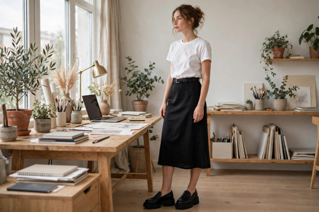 Woman in a plain white tee tucked into a black midi slip skirt with a slim black belt and chunky black loafers beside a studio desk