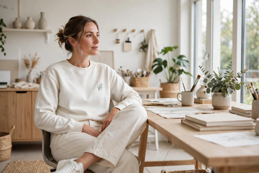 Woman seated at a studio desk wearing wide leg cream trousers and a cream sweatshirt with a small leaf graphic, white trainers