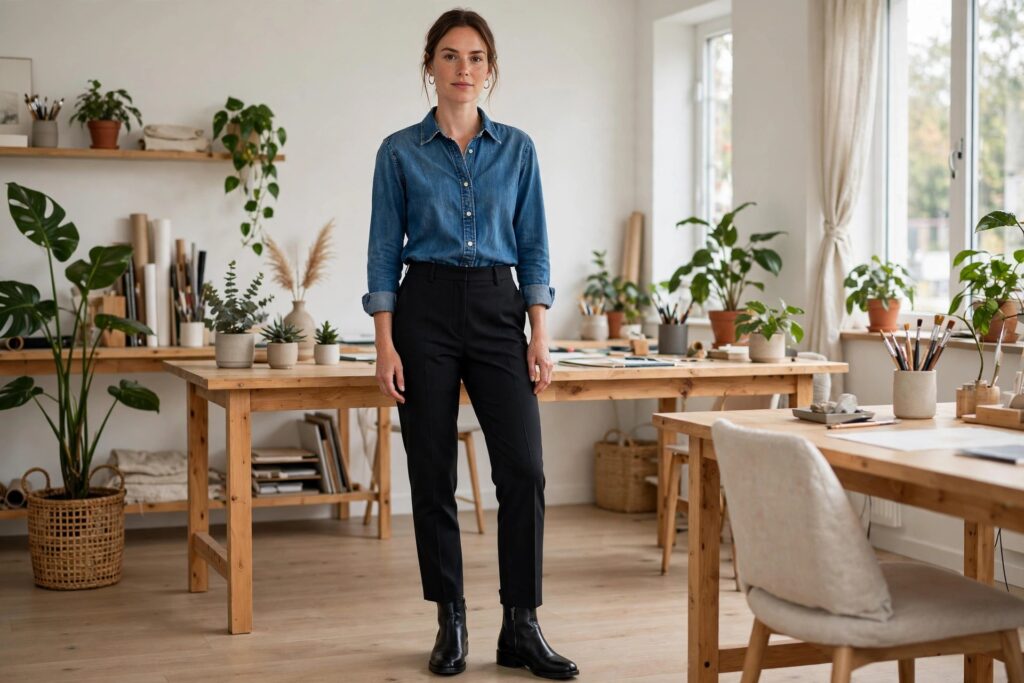 Woman in a blue denim shirt tucked into black tailored trousers with black ankle boots in a bright creative studio