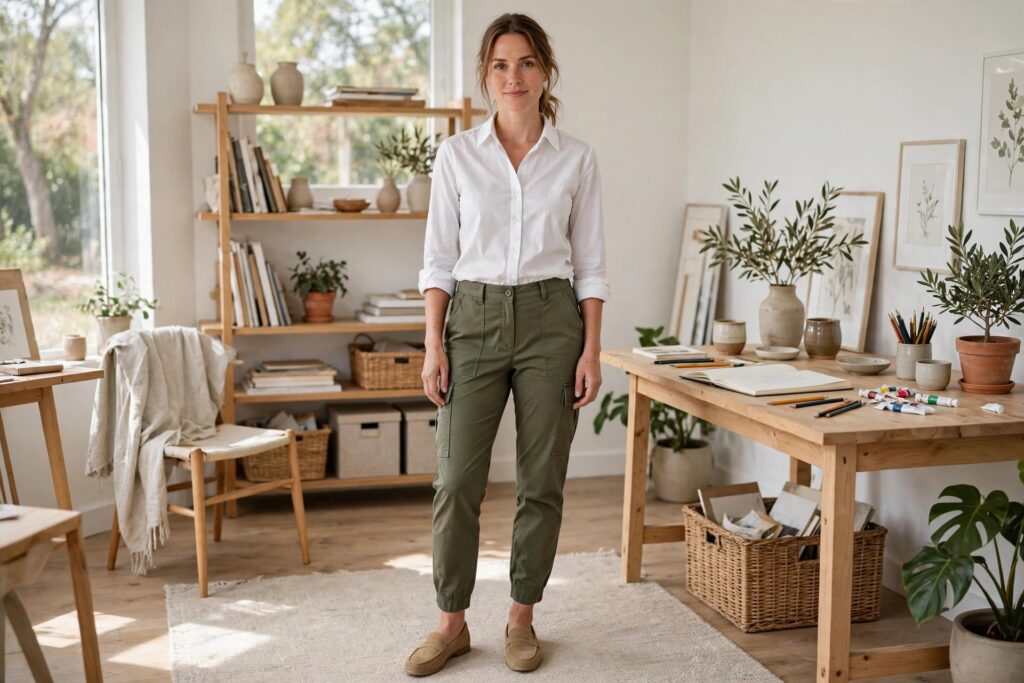 Woman in a white button down shirt with olive cargo trousers and tan loafers in a bright creative studio