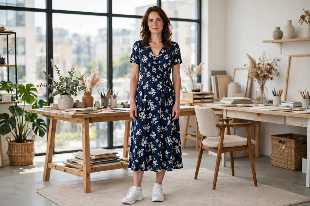 Woman in a navy floral print midi dress with white trainers in a bright creative office