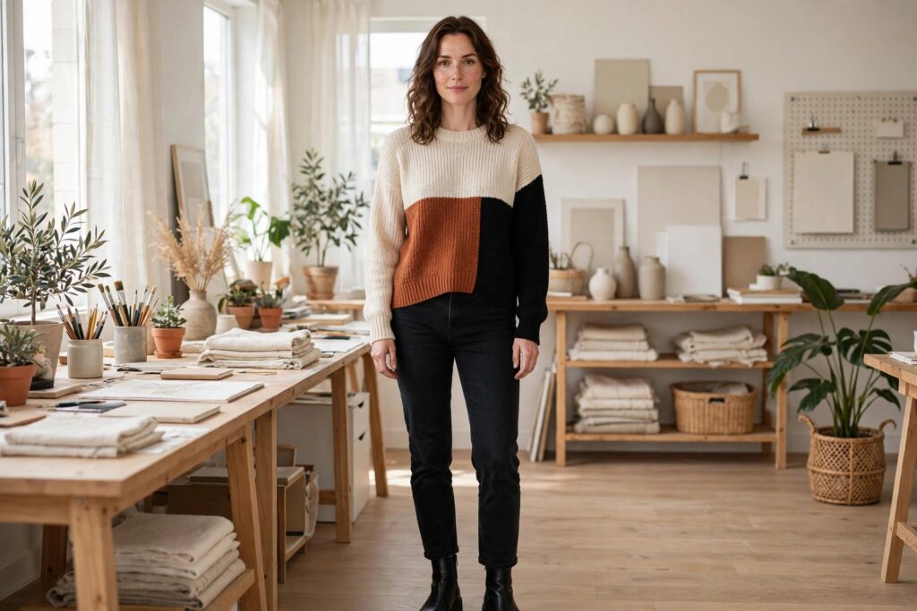 Woman in a cream, rust and black color block knit sweater with black jeans and black ankle boots in a bright studio