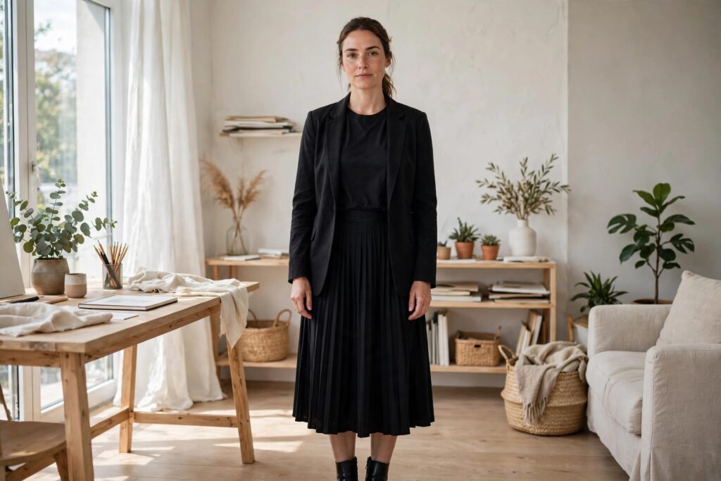 Woman in a black pleated midi skirt with a plain black tee and an open black blazer in a bright studio