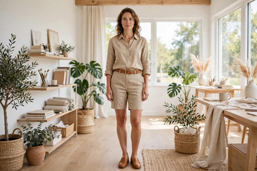 Woman in a beige linen shirt and tailored knee length shorts with a tan belt and tan loafers in a bright studio
