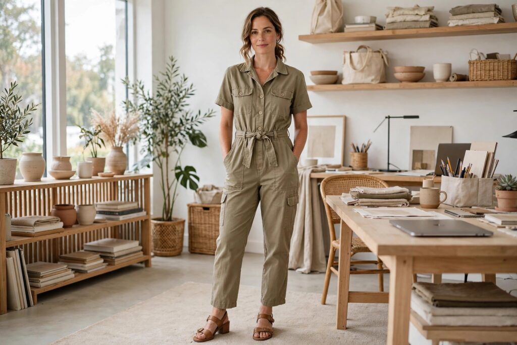 Woman in a khaki shirt style jumpsuit with a tie waist and tan block heel sandals in a bright studio
