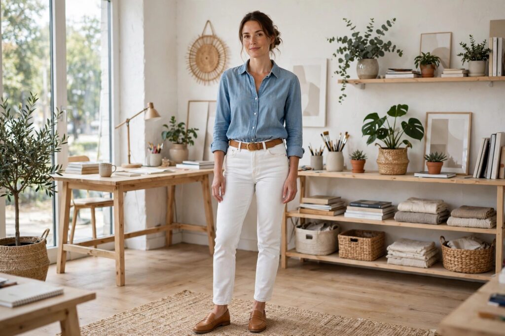 Woman in white straight leg jeans with a light blue chambray shirt, tan belt and tan loafers in a bright studio