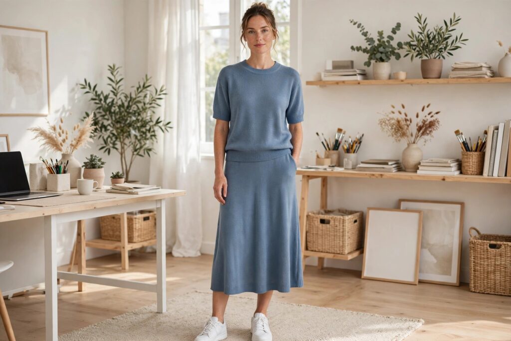 Woman in a dusty blue knit co ord set with a matching top and midi skirt and white trainers in a bright studio