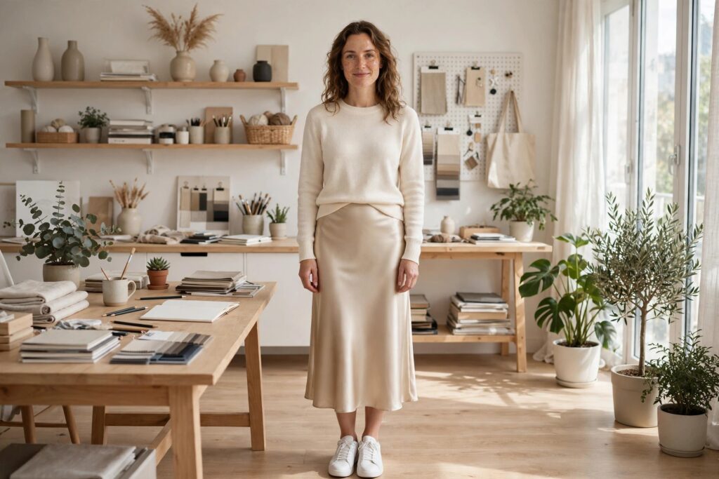 Woman in a champagne satin midi skirt with a cream crew sweater and white trainers in a bright studio